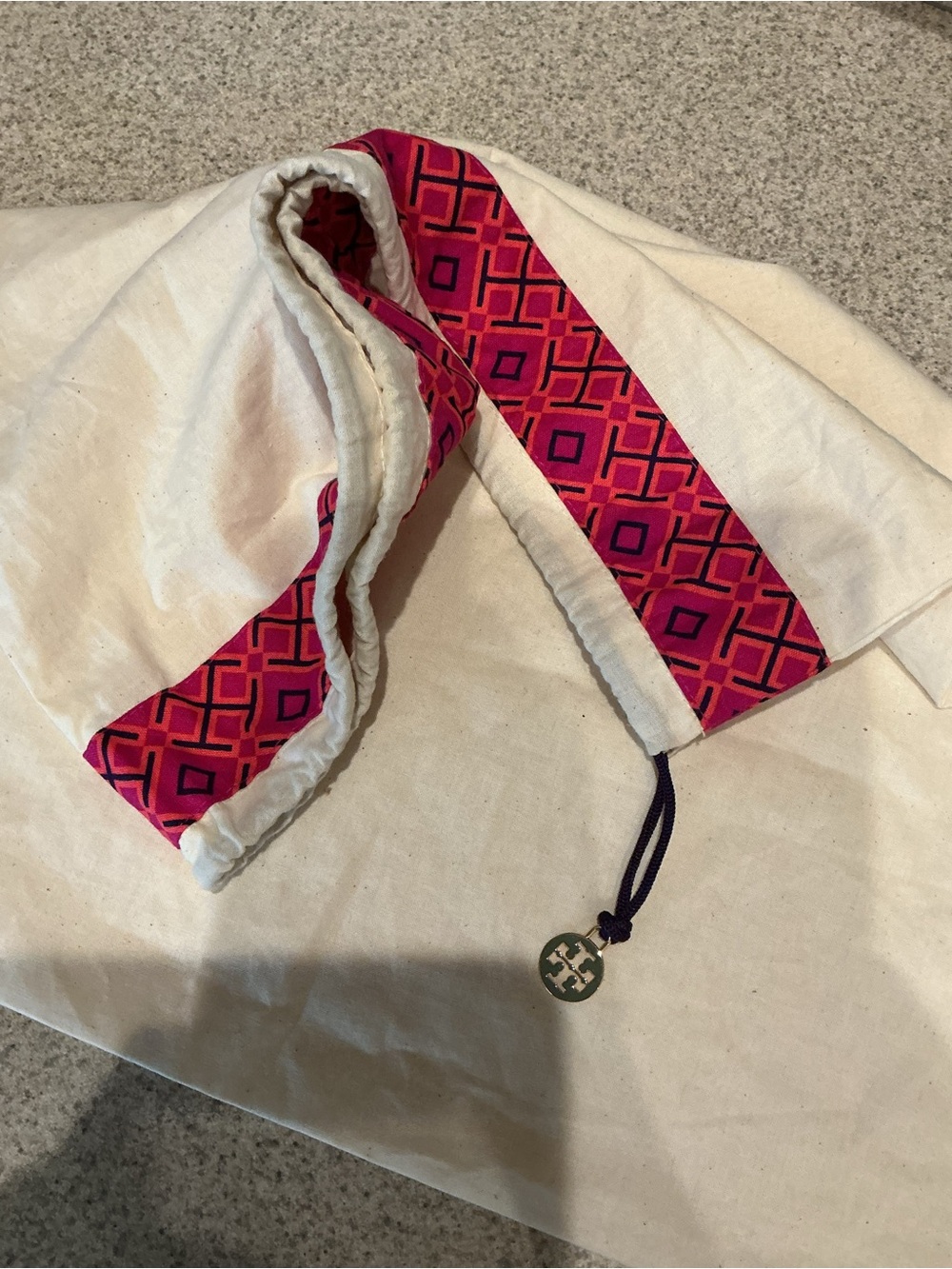 Tory Burch Pink Geometric Drawstring Pouch with Logo Charm